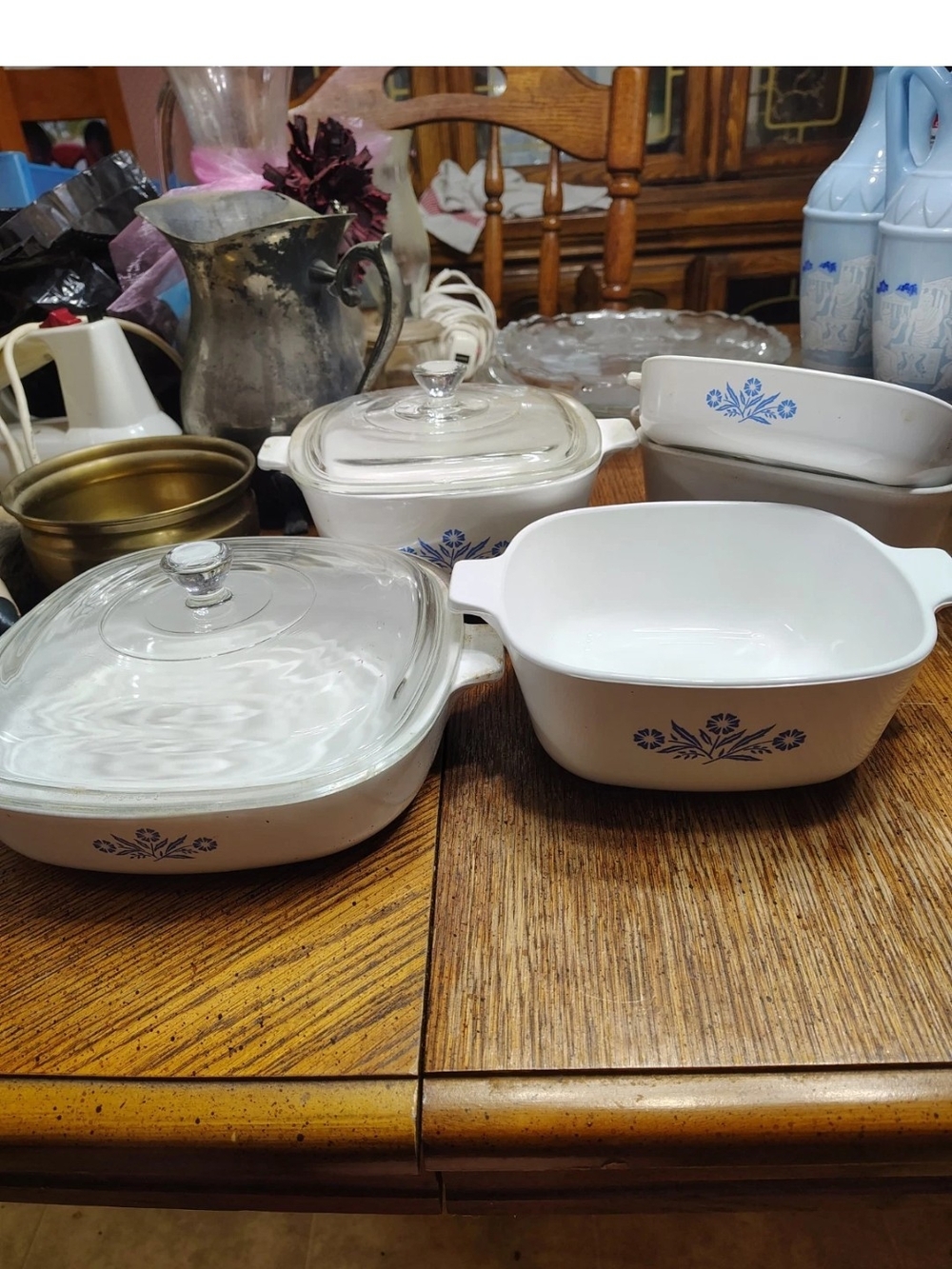 Vintage Pyrex White Bakeware Set with Blue Floral Motif